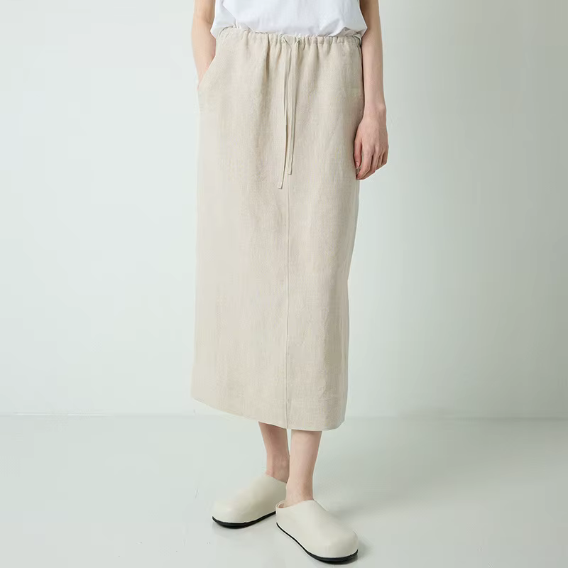 100% lin jupes droites en vrac femmes été taille haute élastique Simple décontracté fendu moitié amp