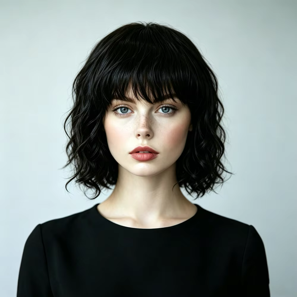 Perruque courte noire ondulée style bob avec frange, aspect naturel, 100% cheveux humains, entièreme