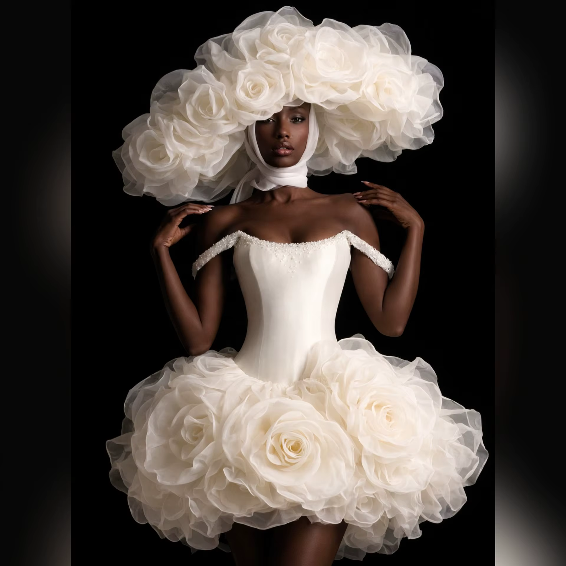Robe blanche à épaules dénudées avec jupe bouffante, corsage orné de grandes fleurs et de perles, ro