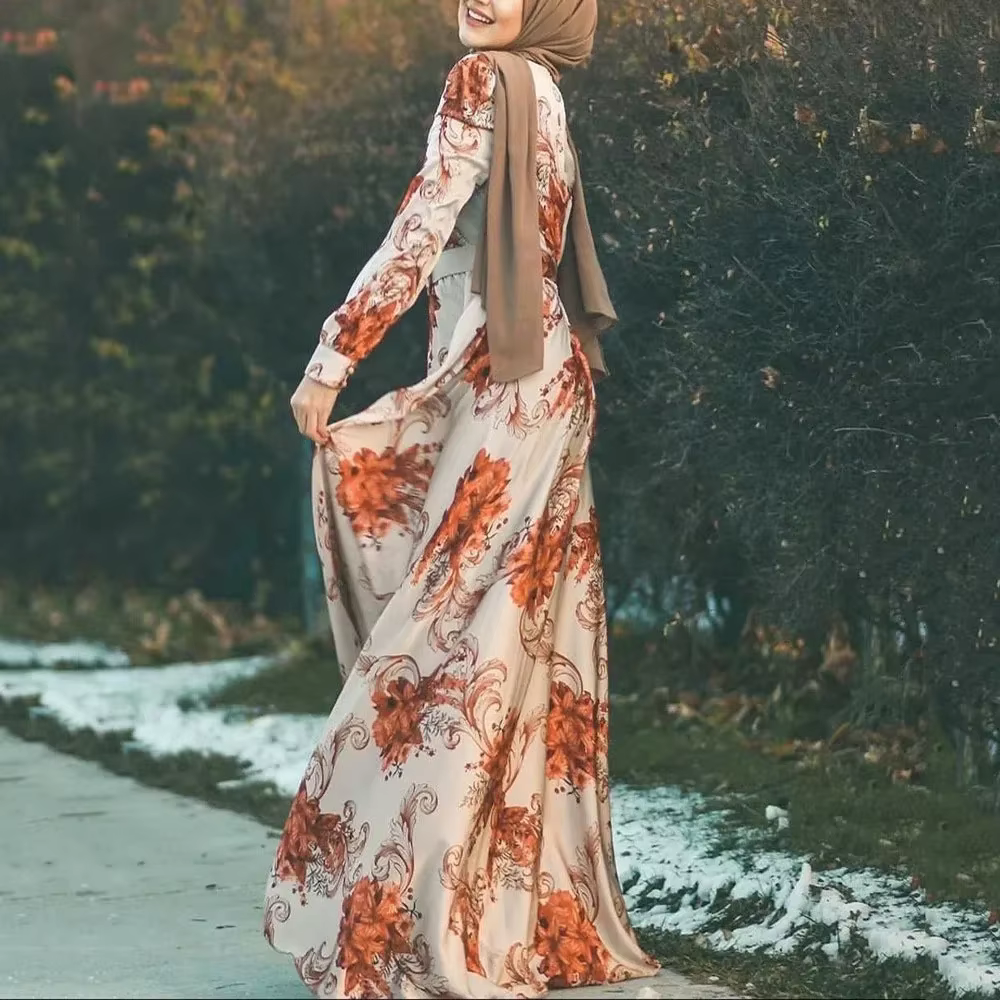 Mode musulmane longues robes Hijab femmes imprimé à lacets mince Robe Maxi vêtements islamiques moye