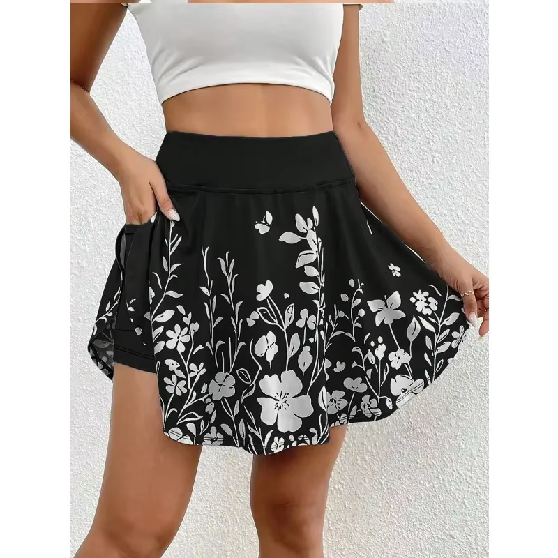 Jupe taille haute pour femmes, pantalon avec poche pour téléphone, imprimé Floral Simple, short déco
