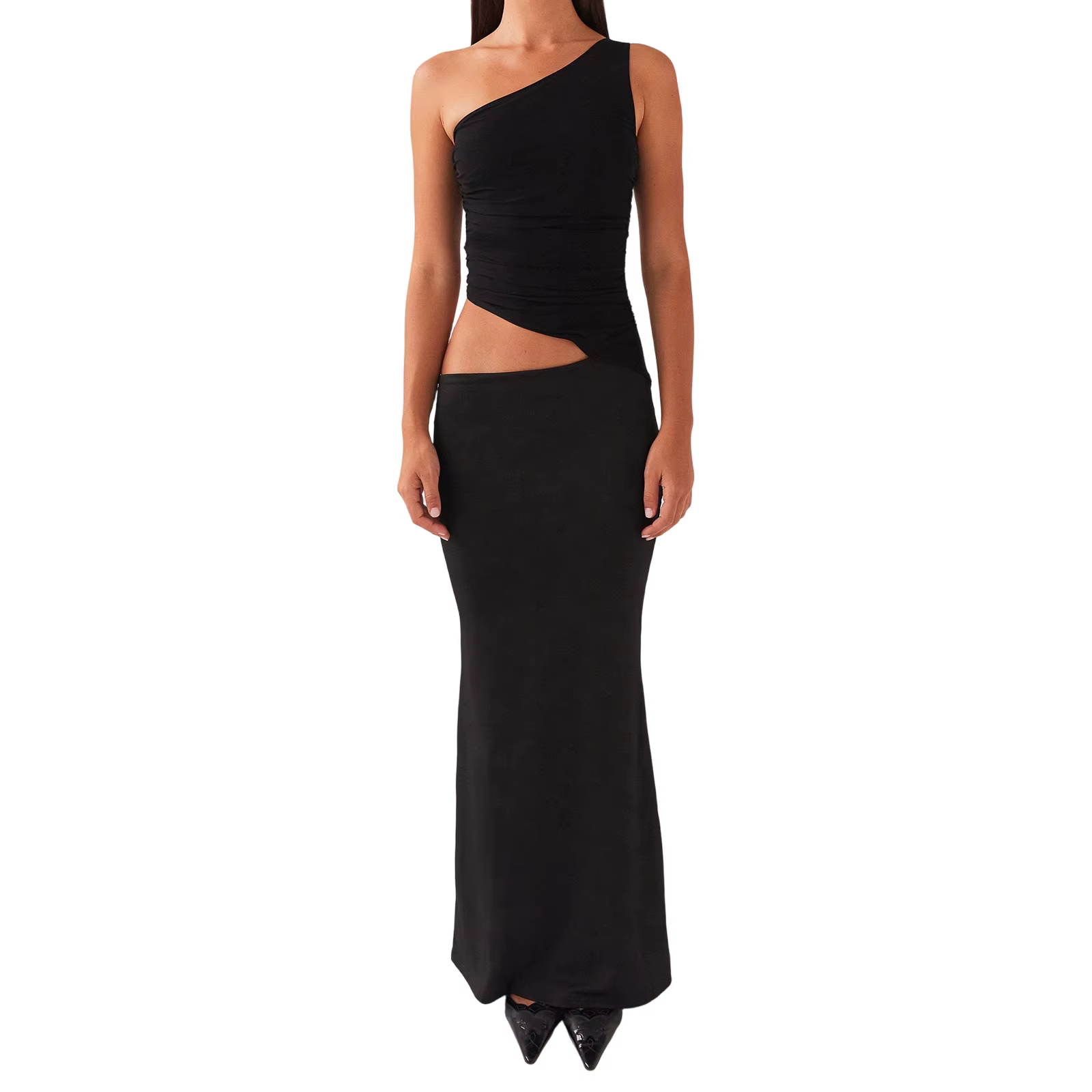 Robe longue asymétrique épaule dénudée pour femmes, élégante, couleur unie, ajourée, sans manches, c