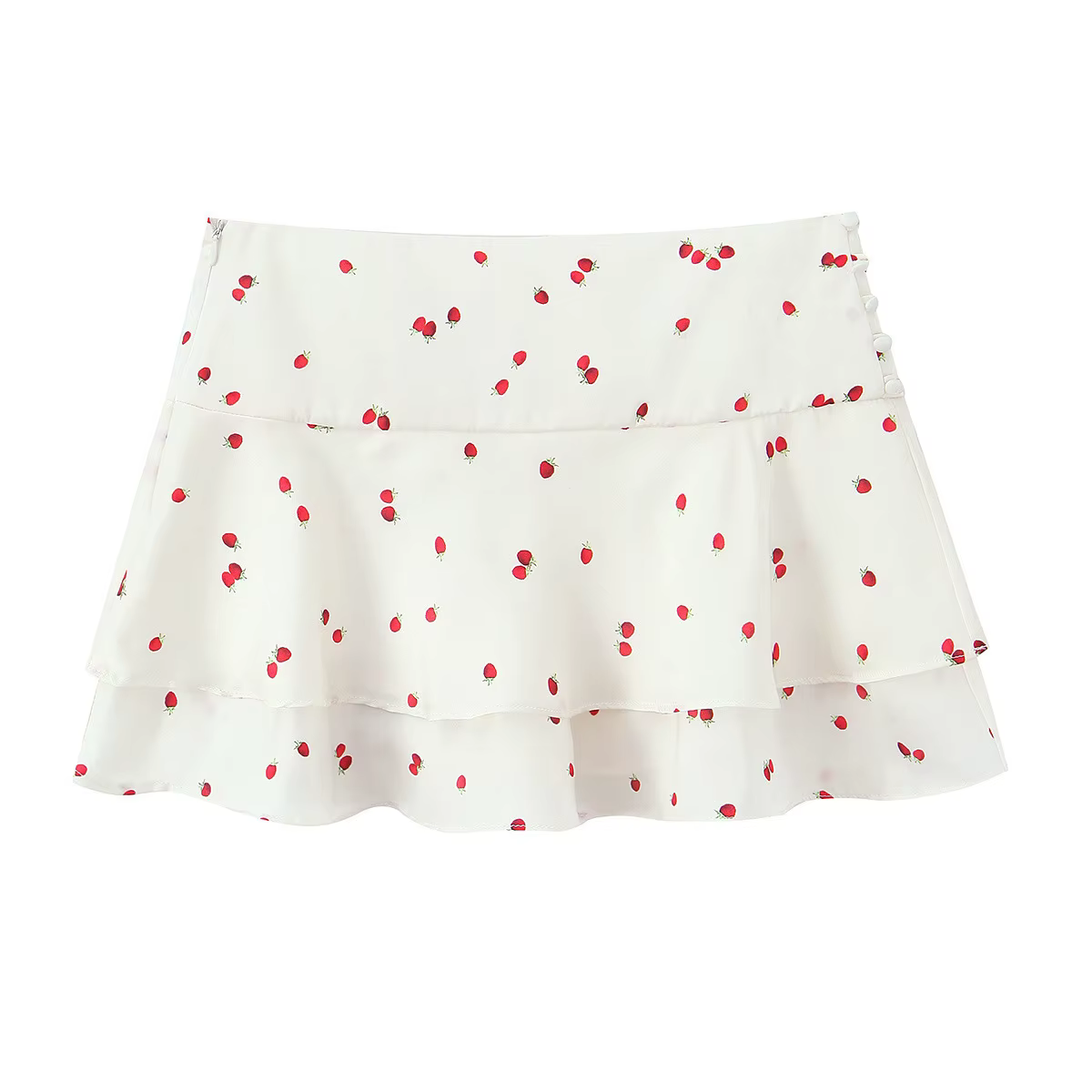 Jupe courte en satin de soie imprimé fraises avec haut à bretelles, taille haute, coupe ajustée, sty