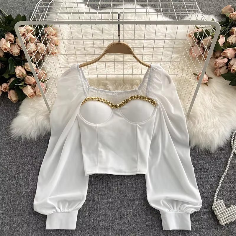 Chemise à manches longues bouffantes pour femmes, haut court français avec chaîne de clavicule, épau
