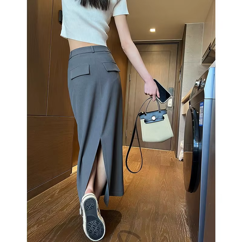 Jupe grise pour femme, mi-longue, nouvelle collection printemps-automne 2026, taille haute, coupe dr