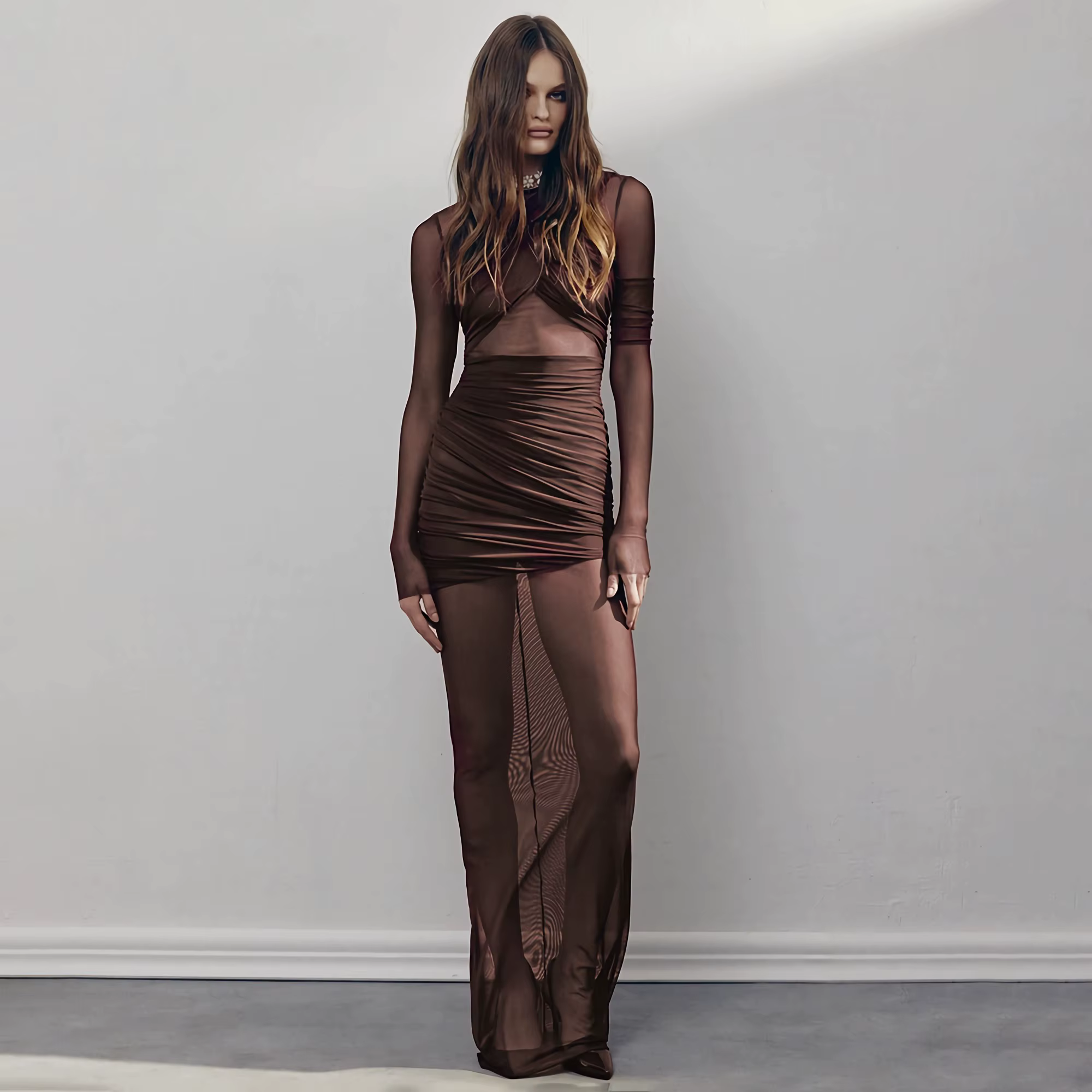 Manches longues robes de soirée femmes froncé Sexy robe Maxi robe mode col incliné drapé cuisse haut