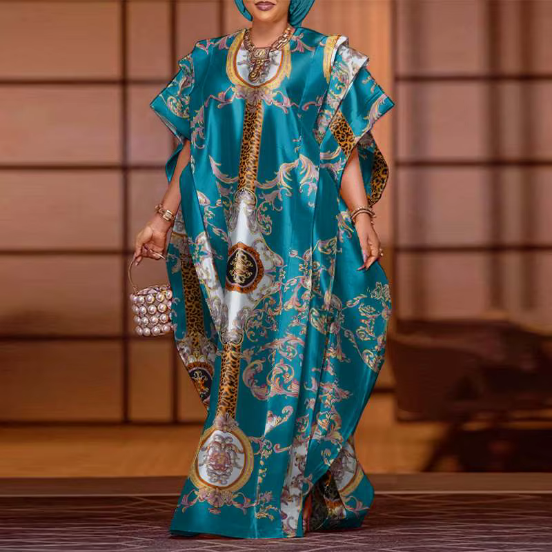 VONDA-Robe longue en satin à manches chauve-souris, robe à volants éducative, patchwork imprimé sexy