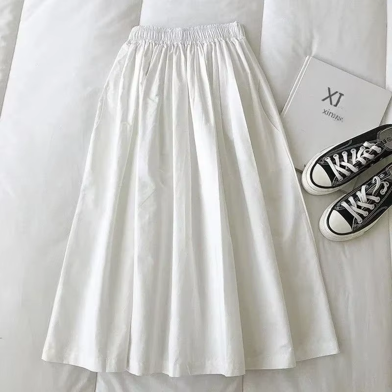 Y2K blanc Miidi jupe Vintage plissée longue jupe pour femme couleur unie élégant taille haute une li
