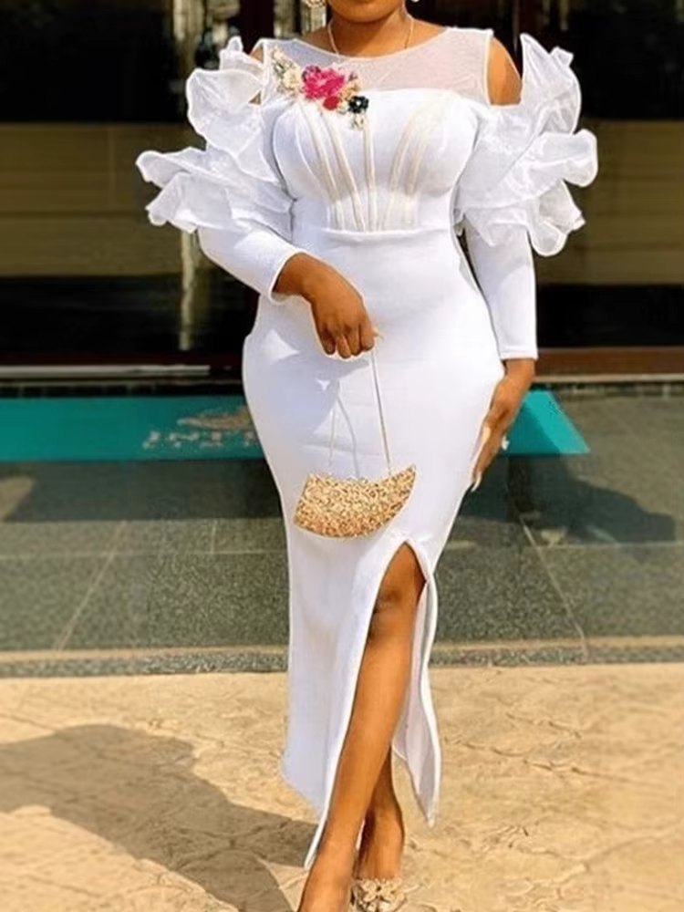 Femmes blanc robe de noël tenue de soirée Sexy longue fente latérale robe de mariage blanc robes élé