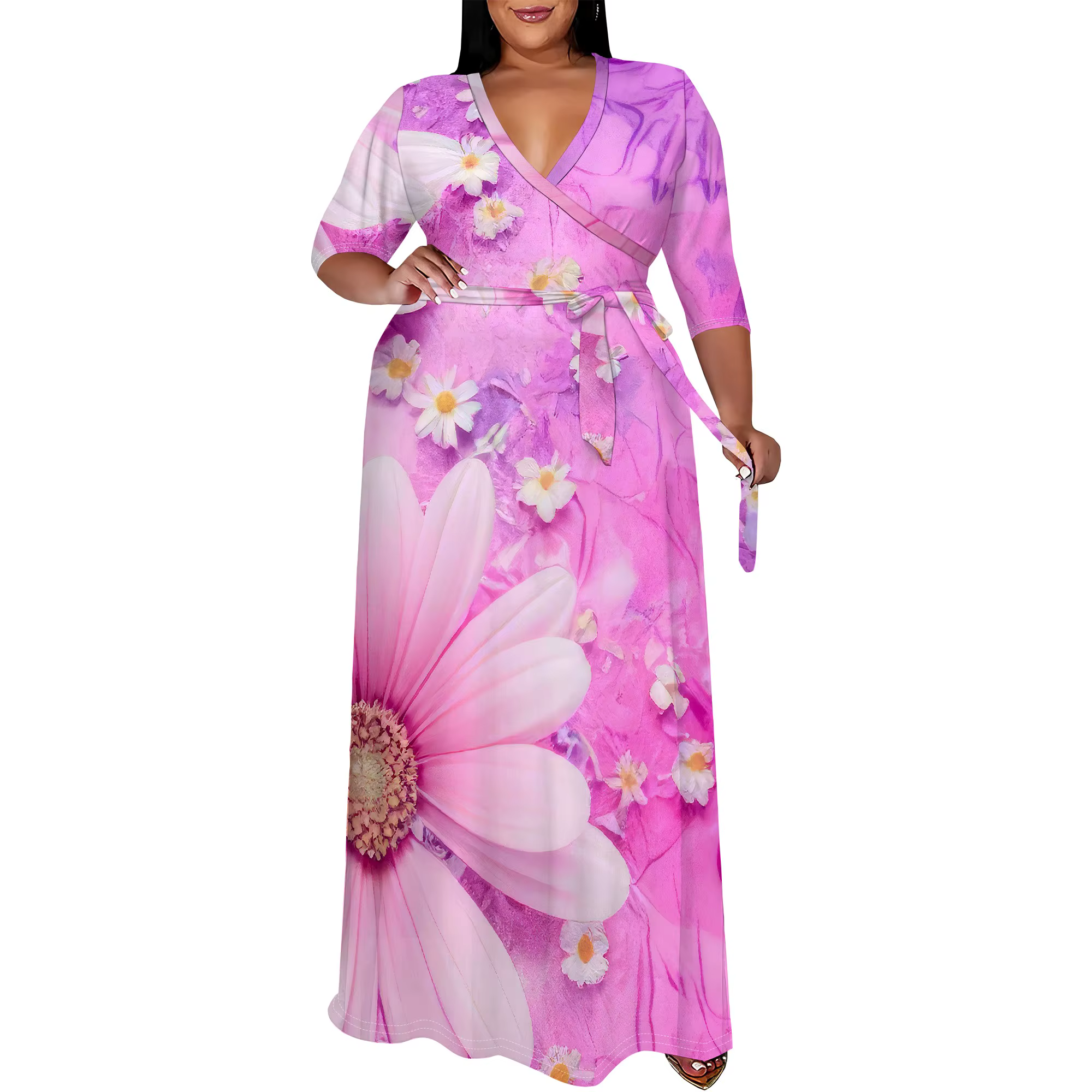Robes longues grande taille pour femmes, manches 3/4, robe longue bohème imprimée, robe trapèze avec