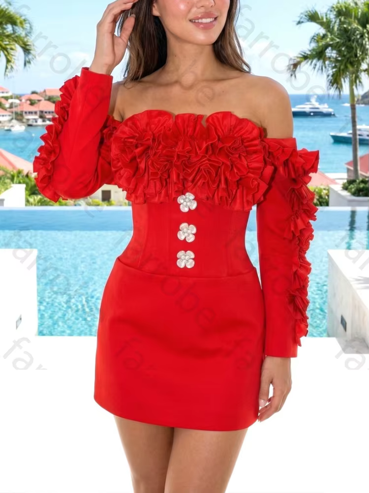 Robes de cocktail personnalisées rouges sexy à manches longues et volants, robes de célébrité élégan