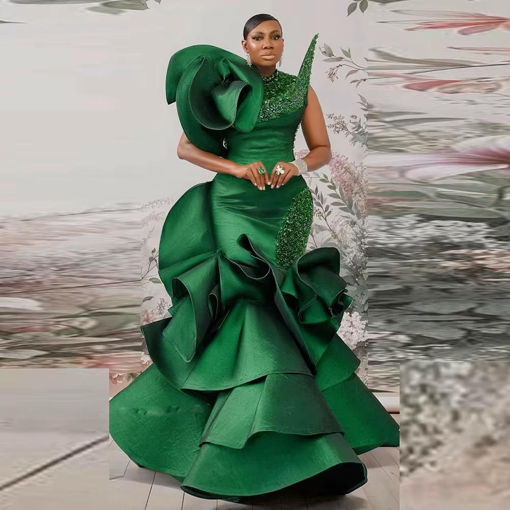 Robe de Soirée en Satin Vert à Volants, Tenue de Bal de Forme Sirène à Paillettes, Longueur au Sol,
