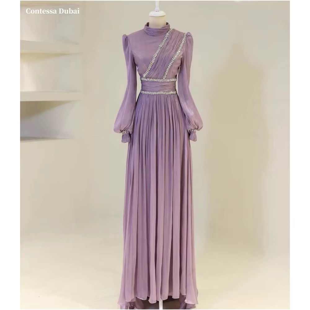 Contessa Dubai Paillettes Col Haut Colonne Robes De Bal À Manches Longues Personnalisé فГрэйws Robe 
