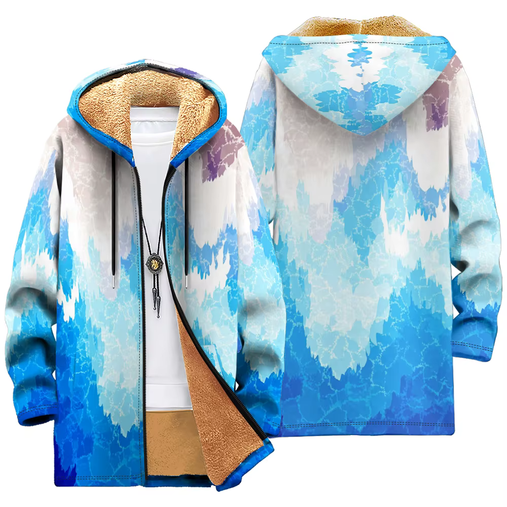Parka à capuche longue d'hiver Cardigan imprimé dégradé de fissure aquarelle, manteaux, veste doub