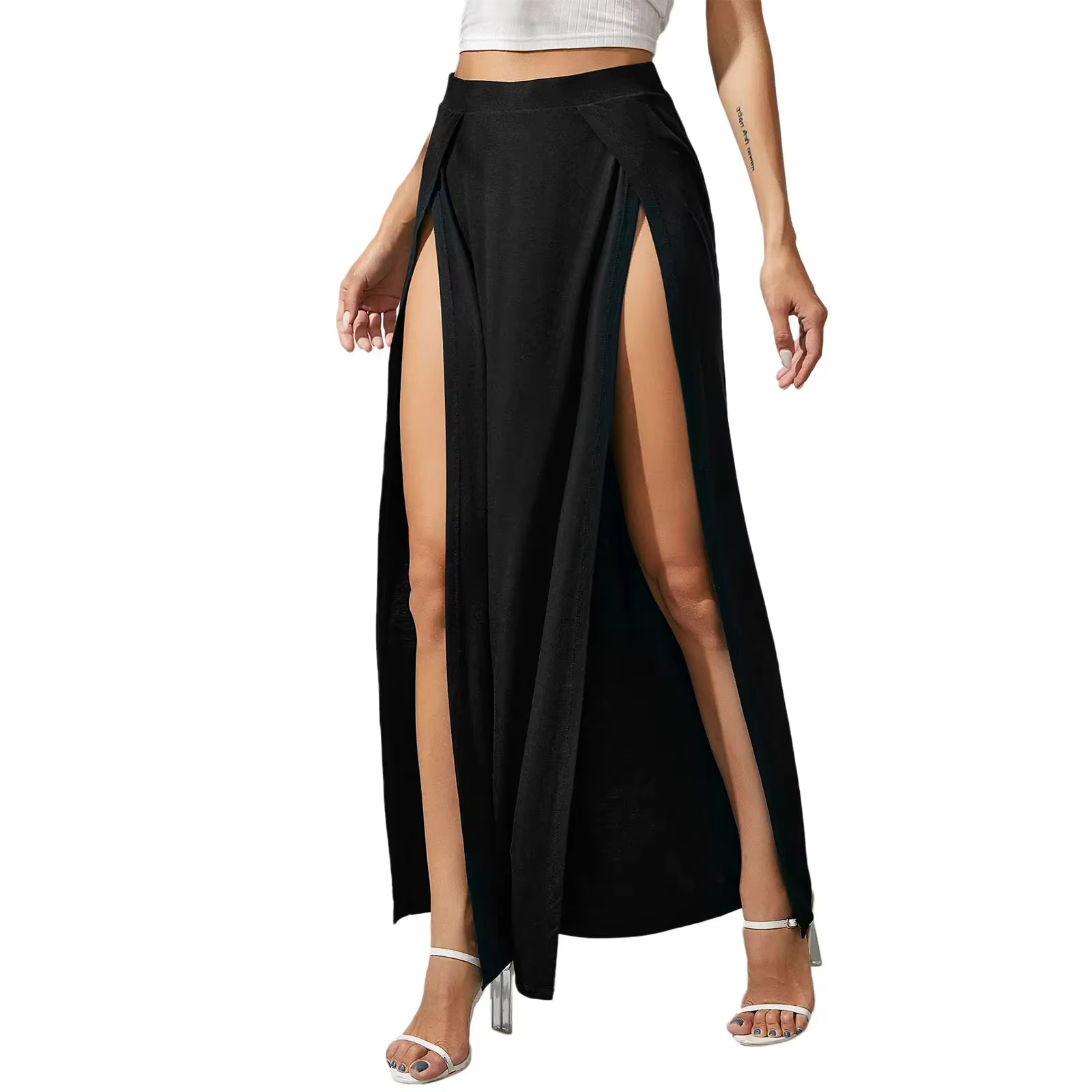 Jupes taille haute élastiques pour femmes, couleur unie, fente latérale haute, coupe ample, longues,
