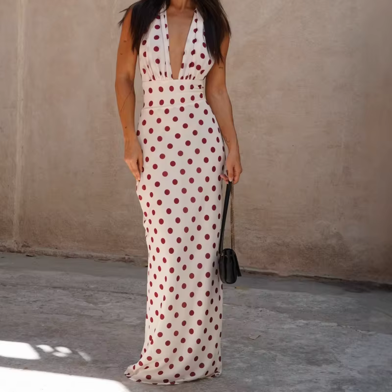 Robe longue moulante à pois style rétro français pour femme 2026, col en V sexy, bretelles fines, st