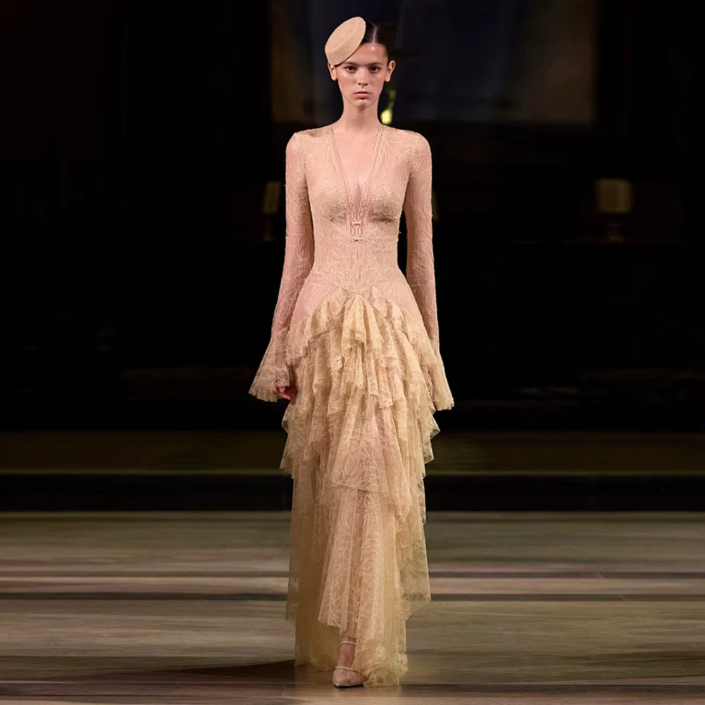 Robe longue vintage française, col en V, nœud à la taille, manches évasées, dentelle, style gâteau,