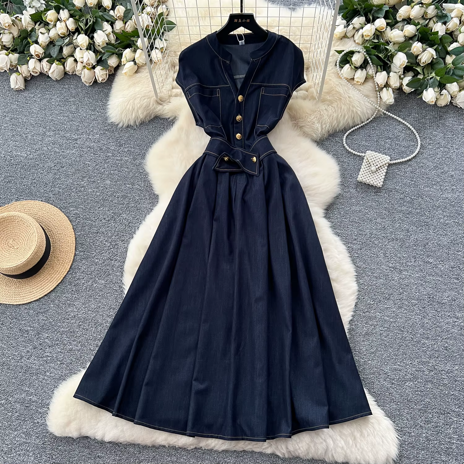 Robe longue en Denim pour femmes, Vintage français, bureau, col en V, manches chauve-souris, luxe, é