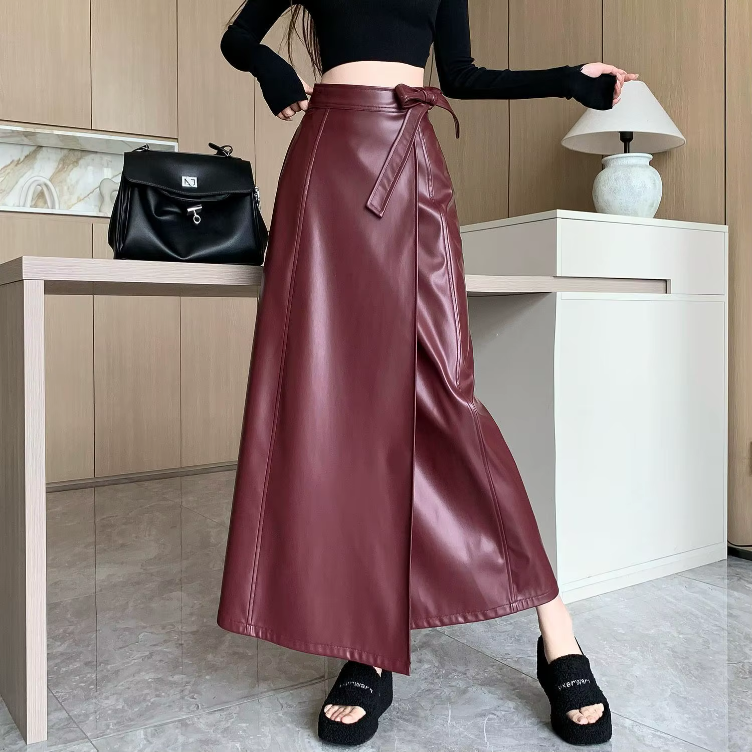 Jupe en cuir PU rouge pour femmes, Style moto, décontracté et pour les déplacements, nouvelle jupe l