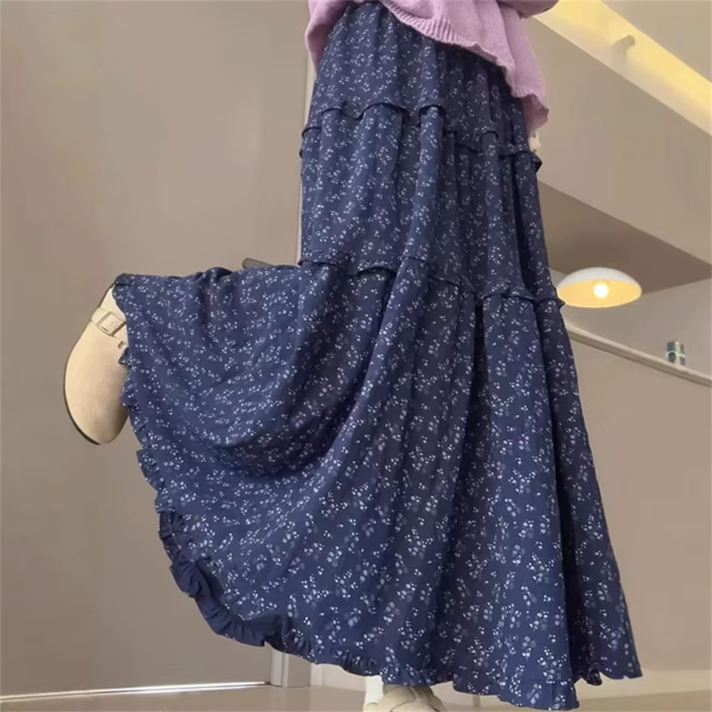 Jupes longues Vintage à imprimé Floral bleu pour femmes, jupes mi-longues coréennes décontractées, é