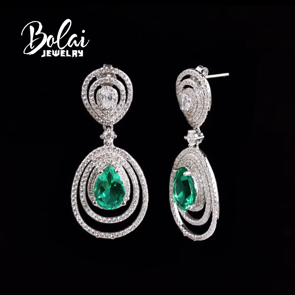 Boucles d'oreilles longues de luxe en argent S925, 4,20 ct, poire créée 7x9mm, émeraude Nano, bijoux