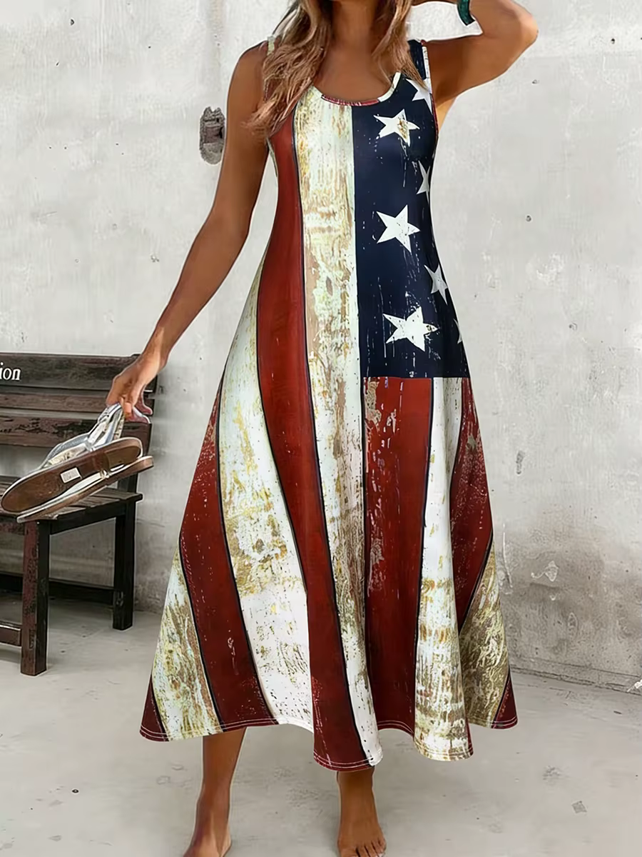 Robe longue décontractée pour femmes avec imprimé drapeau américain - Robe d'été à col rond, tenue d