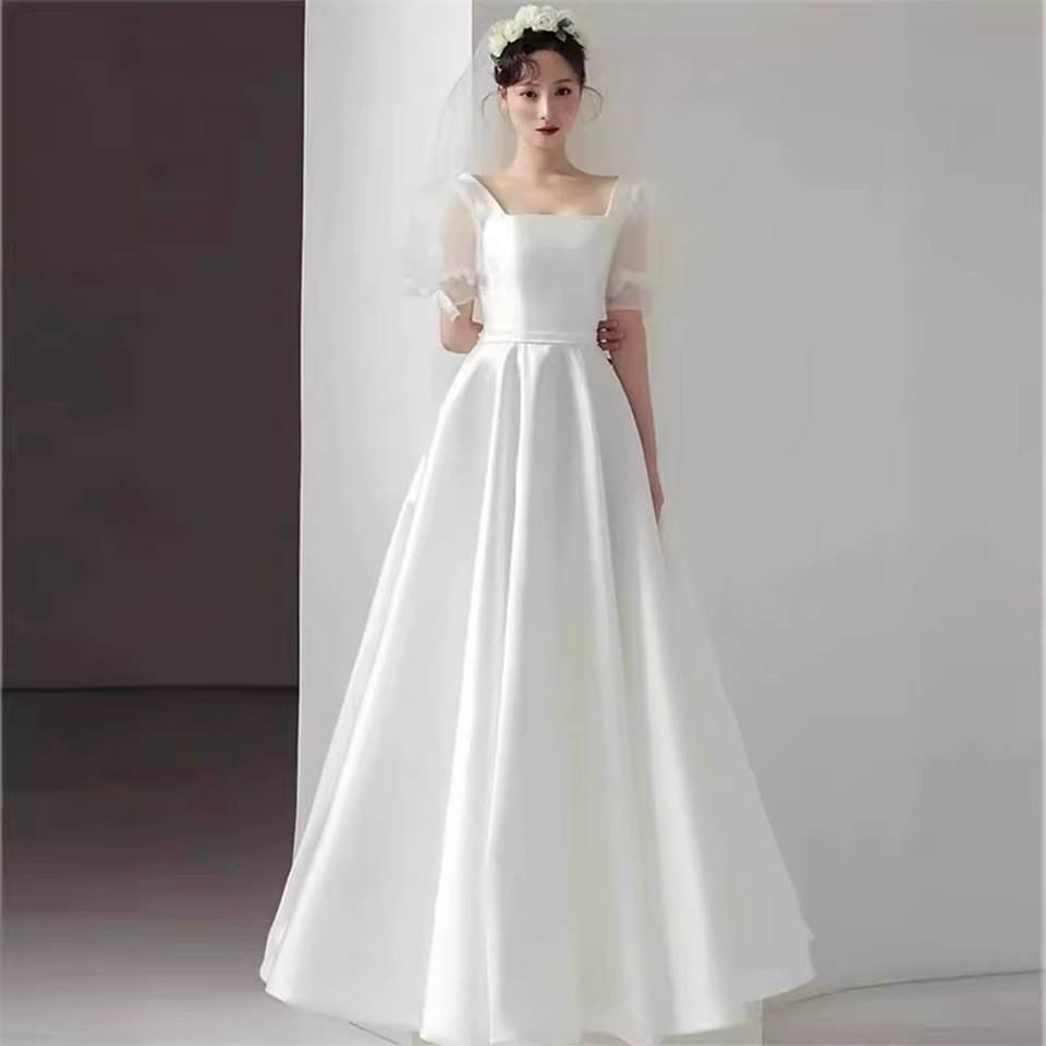 Robes de mariée personnalisées 2026 pour femme, col carré, manches courtes, coupe trapèze simple, tr