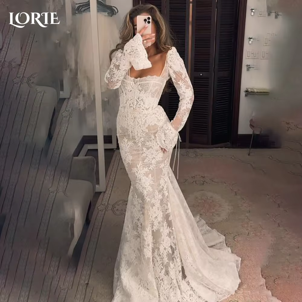 LORIE-Robe de Mariée Sirène en Dentelle, Manches sulf, Col Carré, Appliques, Patients, Éducative, Pe