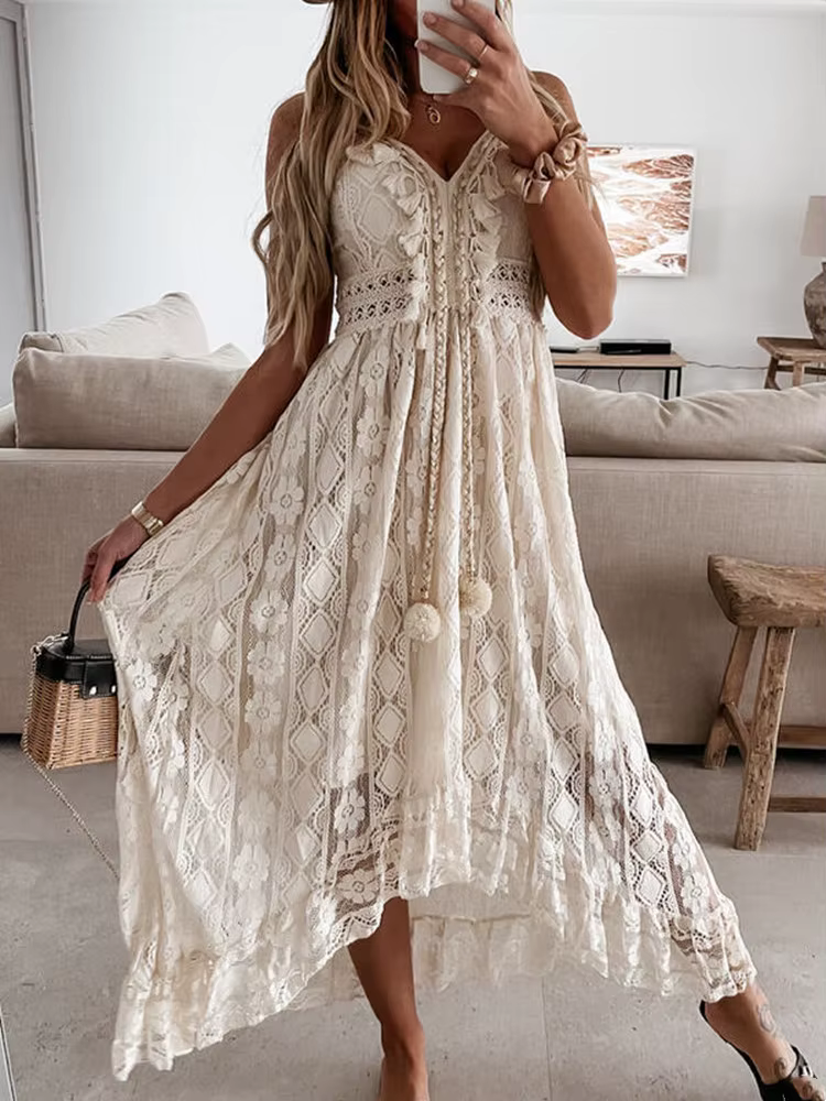 Robe longue en dentelle style Boho pour femme, vêtement de plage, taille haute, ligne A, été