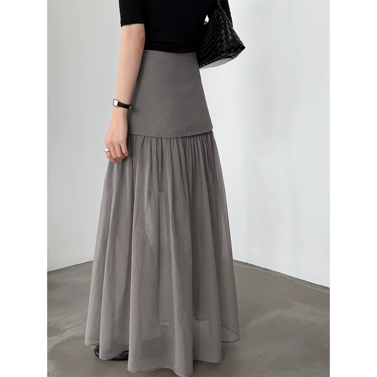[EAM] Jupe longue trapèze élégante à taille haute en maille grise avec empiècements, pour femme, nou