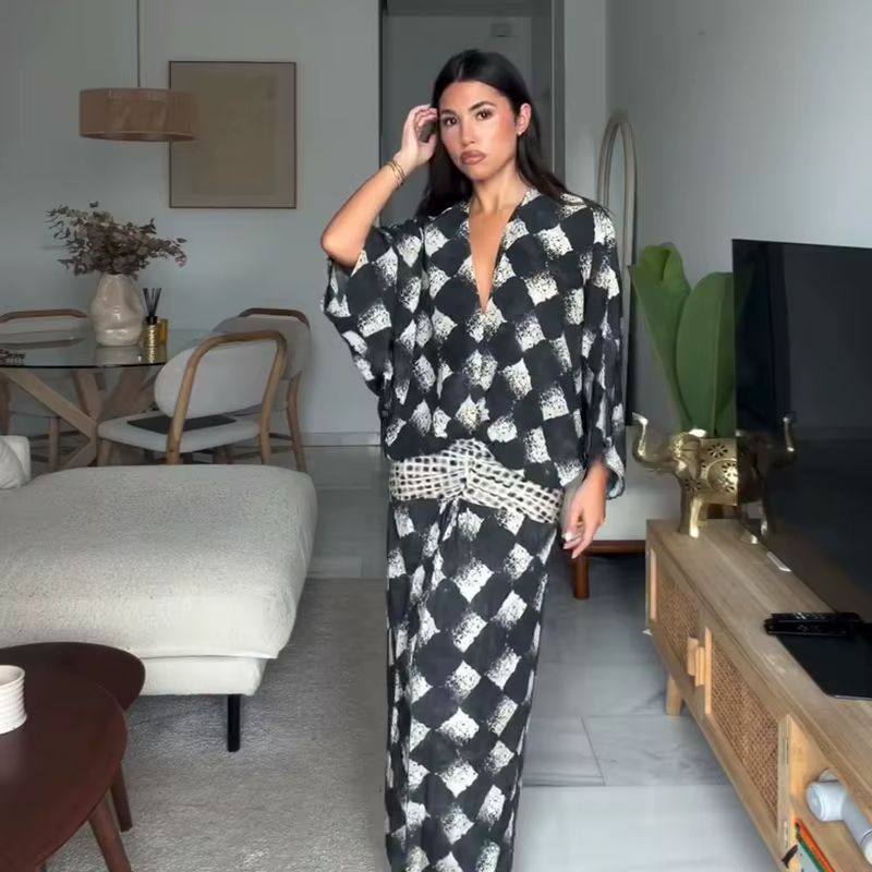 Robe longue élégante imprimée pour femme, manches mi-longues, col en V, taille cintrée, plissée, rob