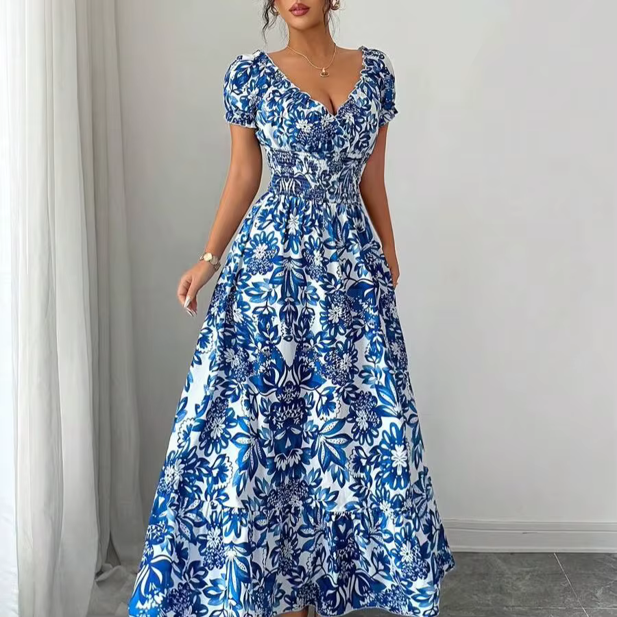 Robe longue élégante et charmante pour femme, nouvelle robe légère en tissu floral avec manches bouf
