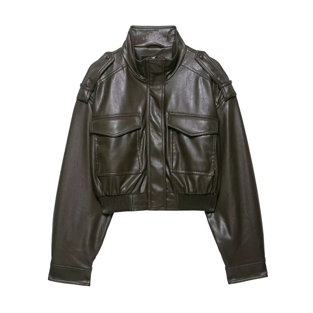 Veste courte en Faux cuir pour femmes, manteau à manches longues, col haut, haut Chic avec poches à 