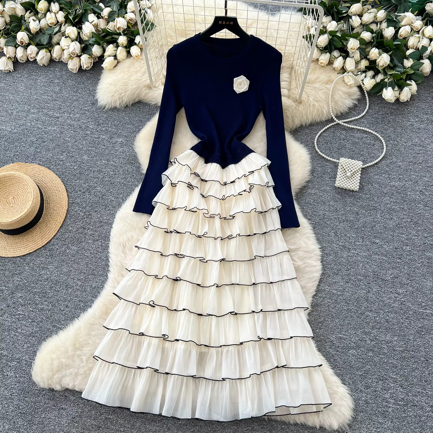 Robes longues à fleurs en tricot, élégantes et Chic, à plusieurs niveaux, pour soirée française, Hig