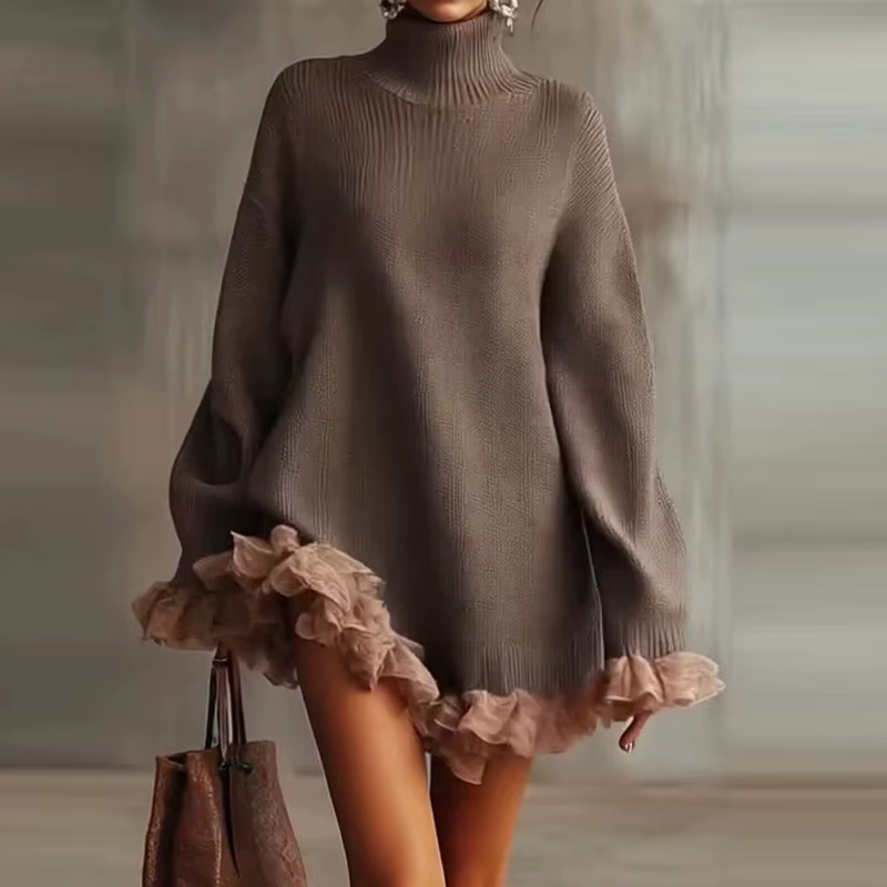 Nouvelle mode à manches longues col roulé robe pull femmes automne hiver à volants Patchwork tricoté