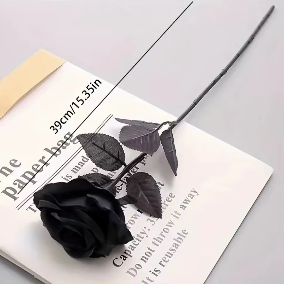 Roses noires artificielles fausses fleurs longue tige avec feuilles pour Halloween décor à la maison