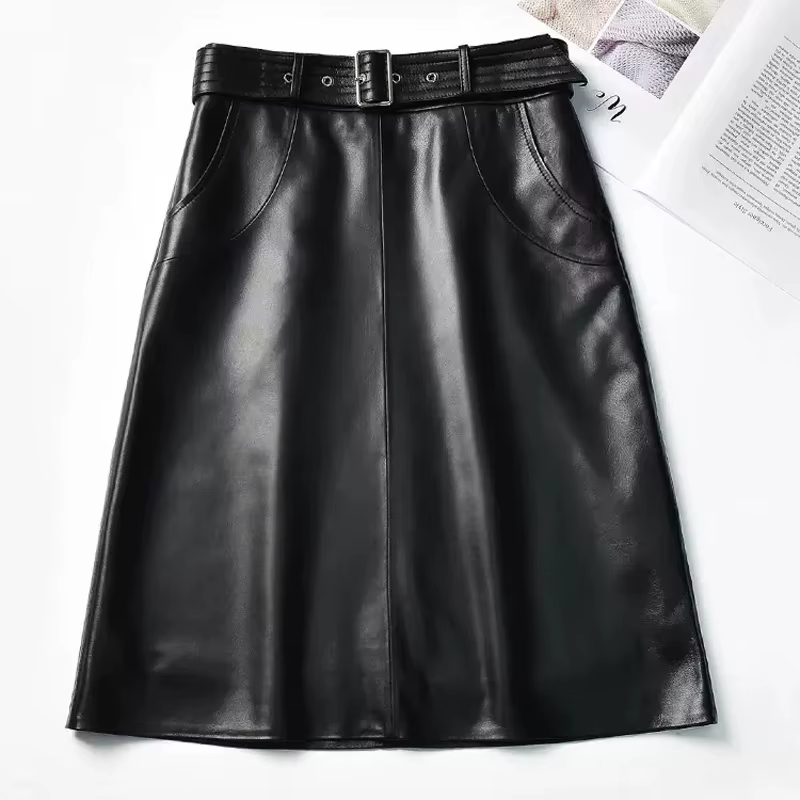 Vêtements pour femmes 2025 Jupe en cuir véritable femme a-ligne poches Wrap Jupe Mujer Midi longue c
