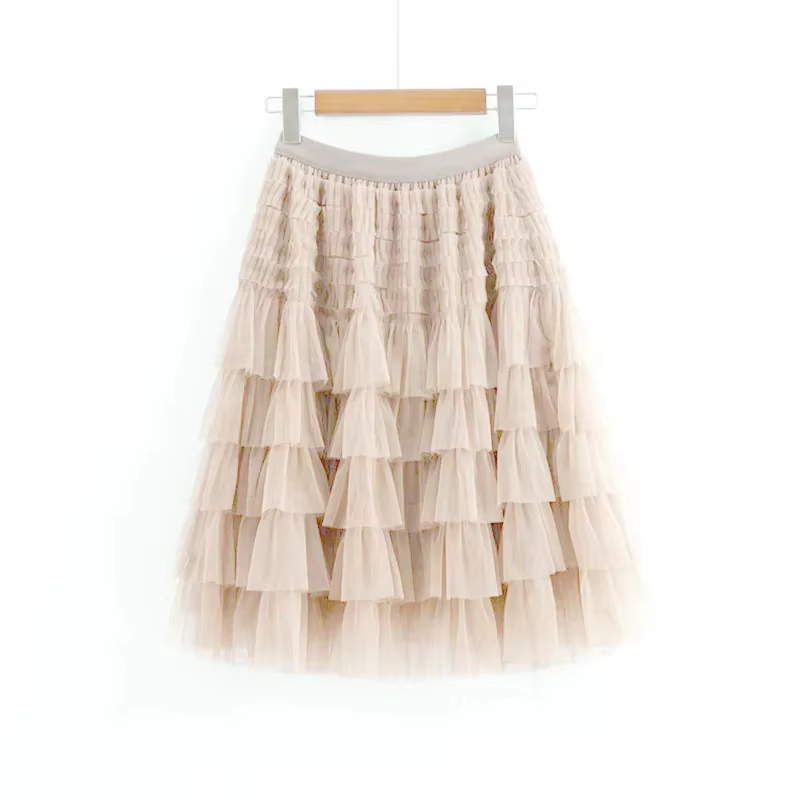 Jupe mi-longue noire en tulle pour femme, jupe bouffante, nouveau style printemps-été, fibre de poly
