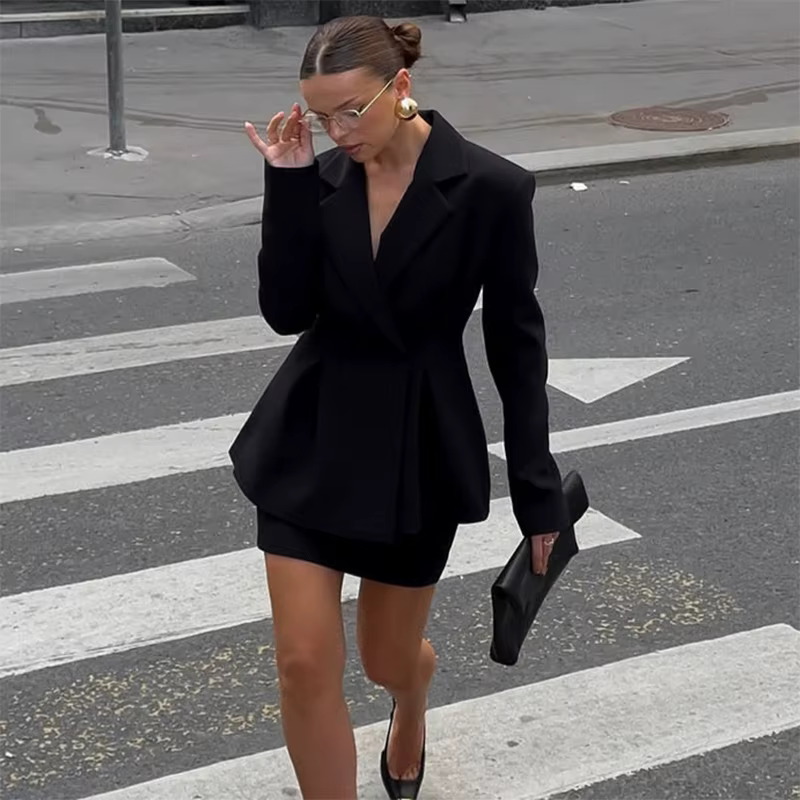Femmes jupe costume Chic Laple simple boutonnage manches longues manteaux taille ample Mini jupes en