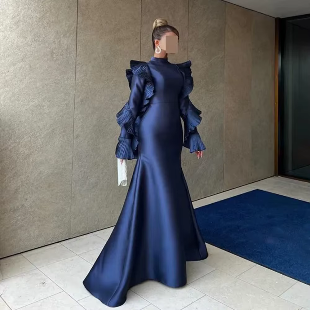 Robe de Soirée Sirène Classique en Satin pour Femme, Tenue à Col Haut, Manches sulf, avec Volants, L
