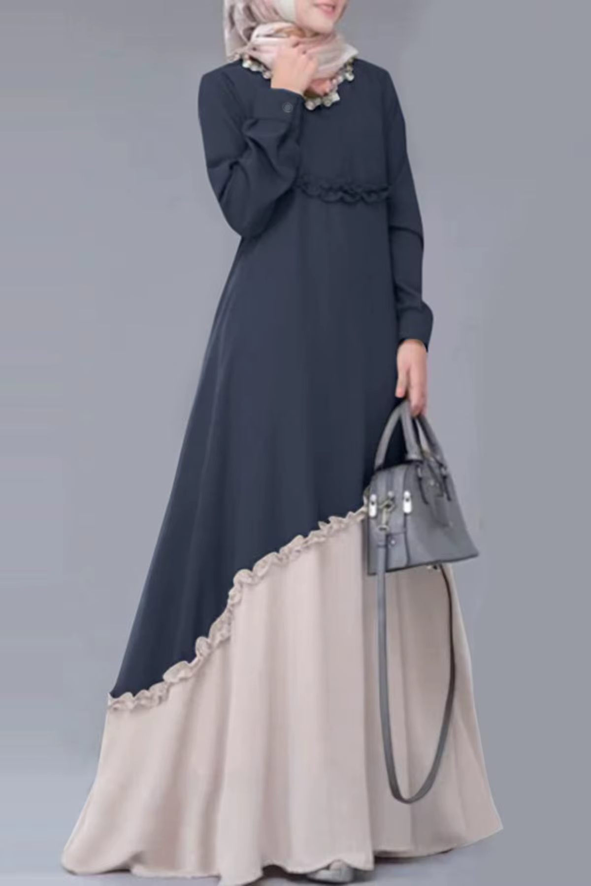 Abaya – robe longue musulmane pour femmes, à la mode, Colorblock, garniture de laitue, manches longu