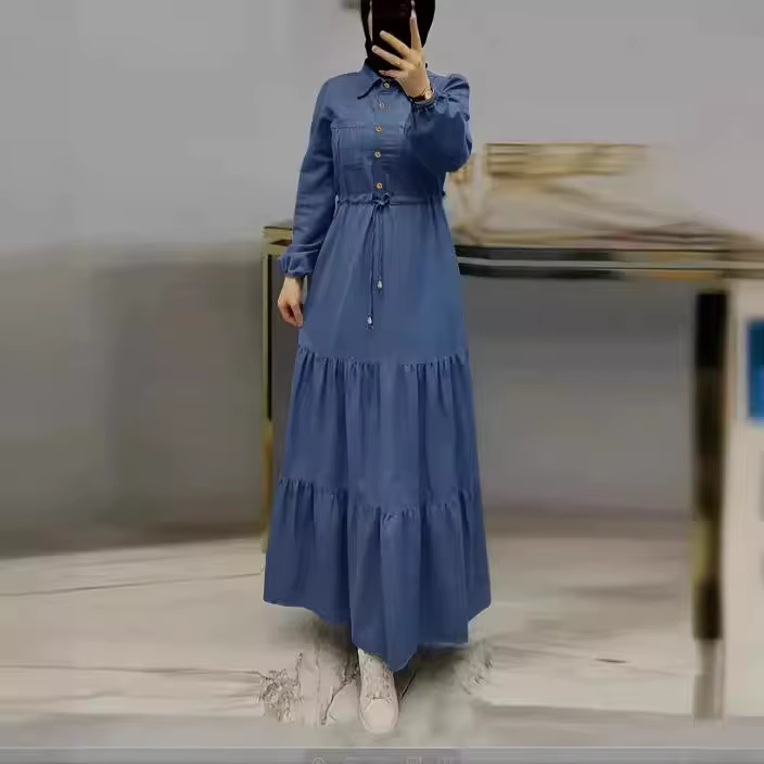 Robes Maxi musulmanes arabe Islam vêtements simple boutonnage revers à lacets femmes Robe longue élé