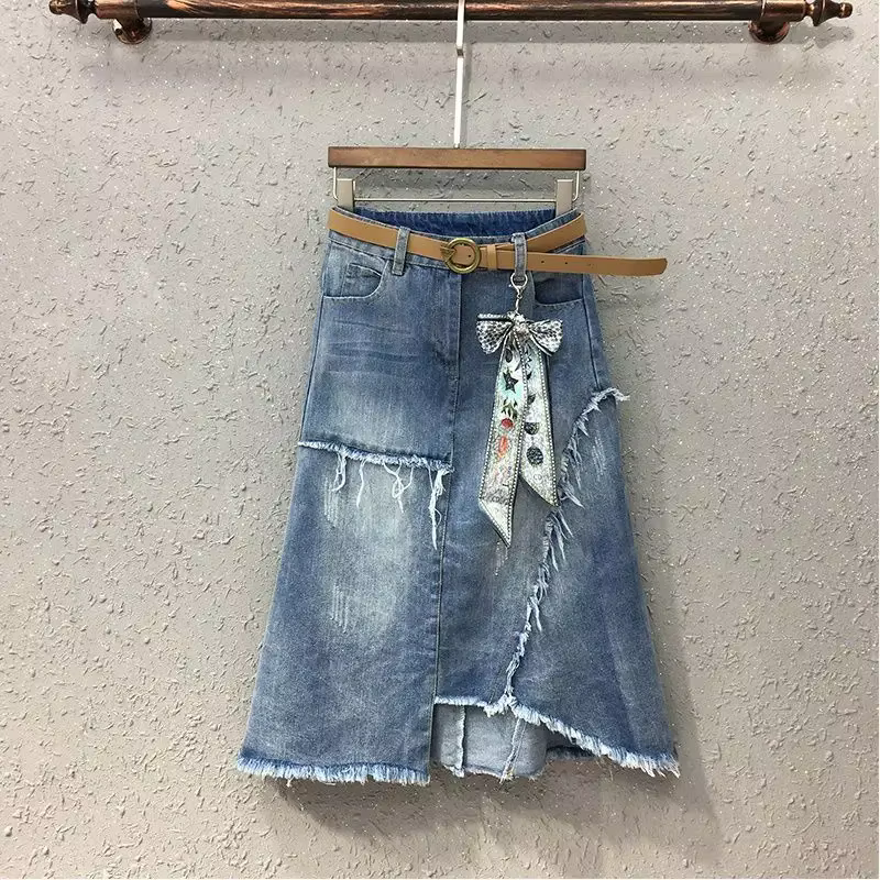 Jupes en jean à fermeture éclair pour femmes, taille haute, mi-longues, Patchwork, jupe en jean avec