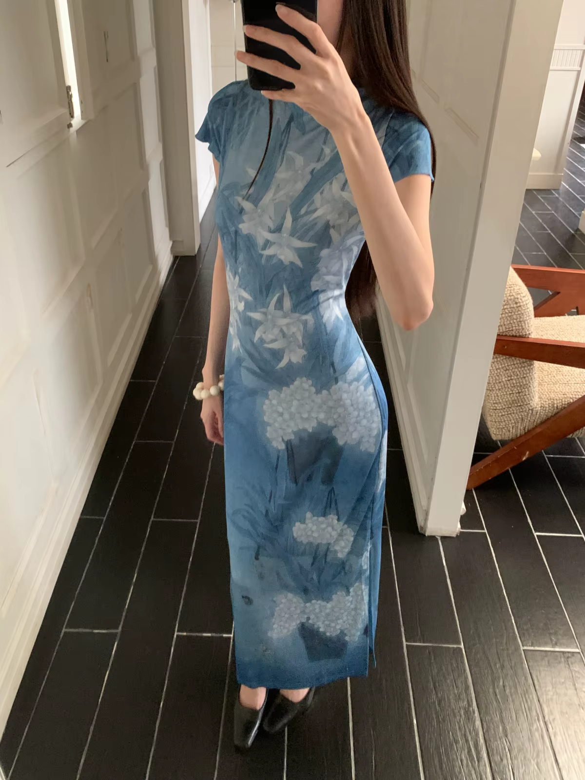 CHEERART – robe longue en maille bleue à fleurs d'orchidée, style rétro, pour femmes, robe mi-longue