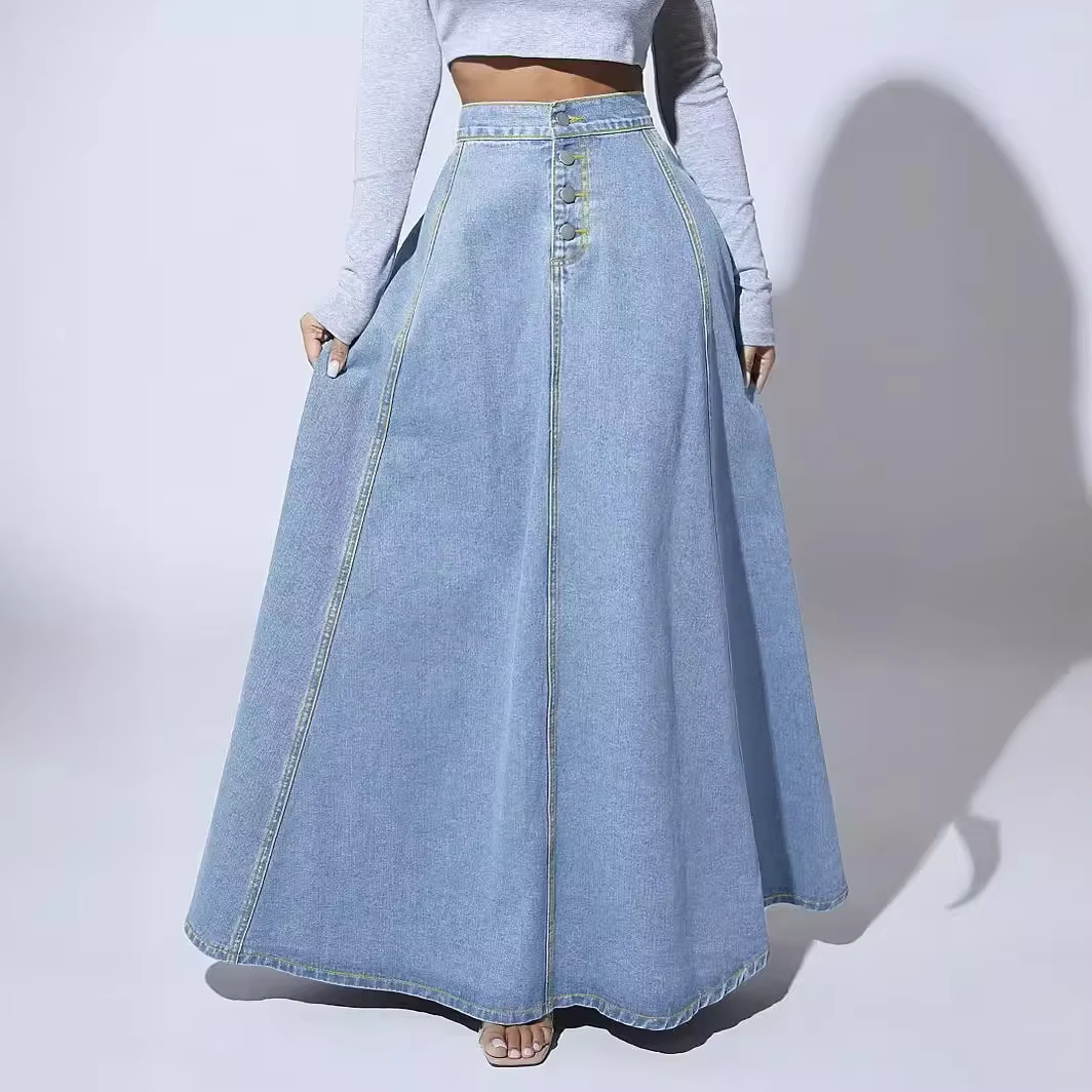Jupe longue en jean pour femmes, ligne A, simple boutonnage, taille haute, Vintage, Maxi, Simple, dé