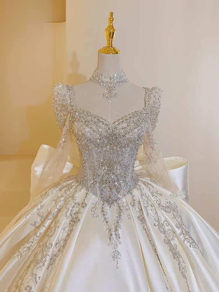 Robe de mariée légère en Satin à manches longues, avec tempérament élégant, manches longues, queue d