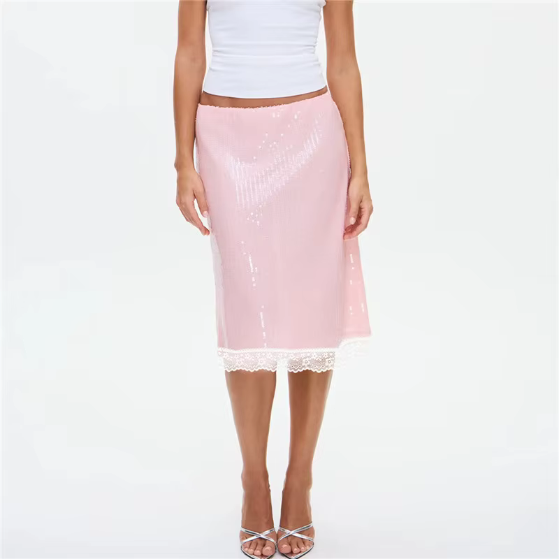 Jupe crayon mi-longue rose à sequins pour femme, taille haute, moulante, avec bordure en dentelle et