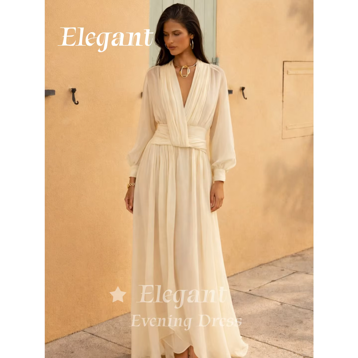 Robe de bal plissée à col en V et manches lanternes, taille nouée, en mousseline fluide, couleur crè