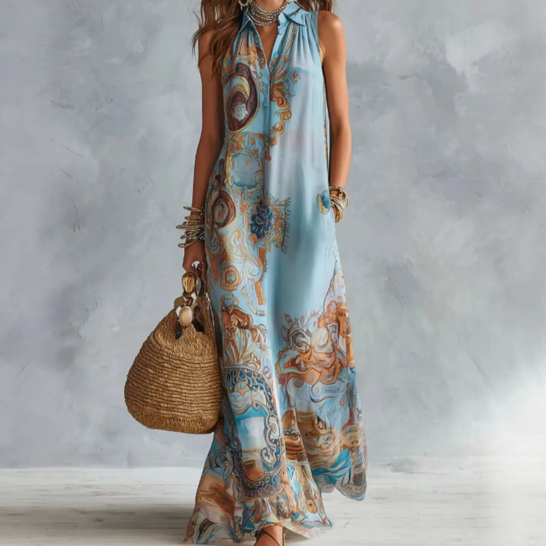 Robe longue élégante sans manches pour femme, imprimé numérique, col rabattu, simple boutonnage, flu
