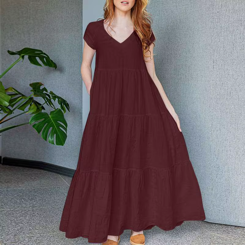 ZANZEA – Robe longue Maxi pour femmes, style bohème, vacances, col en V, manches courtes, décontract